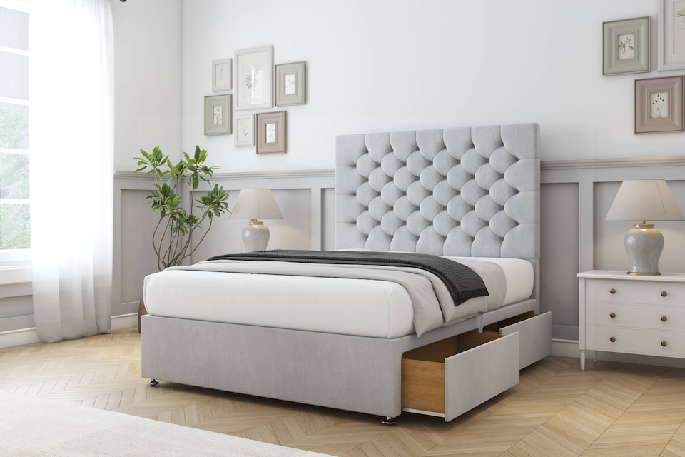 image 1 of Sloomy Mayfair Silver Naples Divan Bed Base 2 Drawers Same Side With 26 Inch Strutted Headboard | Silver | Silver | Double | 1