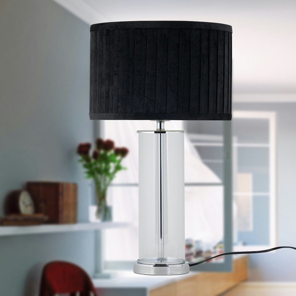 image 1 of Aura - Chrome Table Lamp with Black Pleated Velvet Shade Chrome | Black