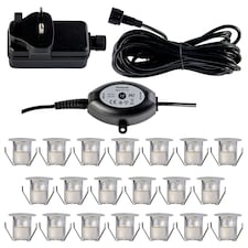 Set of 20 - 30mm IP67 Warm White LED Decking Kit with Photocell Chrome | Clear