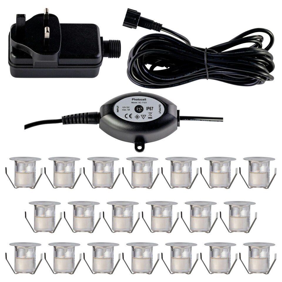 image 1 of Set of 20 - 30mm IP67 Warm White LED Decking Kit with Photocell Chrome | Clear
