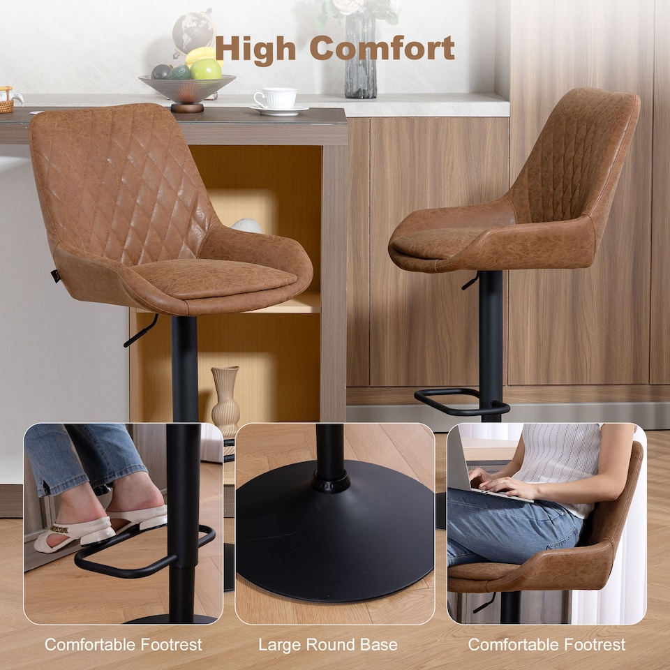 image 1 of HOMCOM Breakfast Bar Stools Set of 2 with 51x40cm Wide Seat, Height Adjustable Kitchen Counter Chairs, Retro Swivel Upholstered Barstools with Back, Footrest and Steel Base, Orange | Orange | Orange