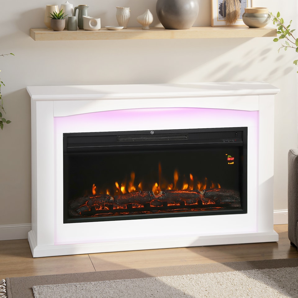 image 1 of HOMCOM 48"/121 cm Electric Fireplace with Realistic Flame Effect & 5 Brightness Levels, 1000W/2000W Inset Electric Fire and Mantel Reach up to 30 m² Space with Remote & Timer for Living Room, White