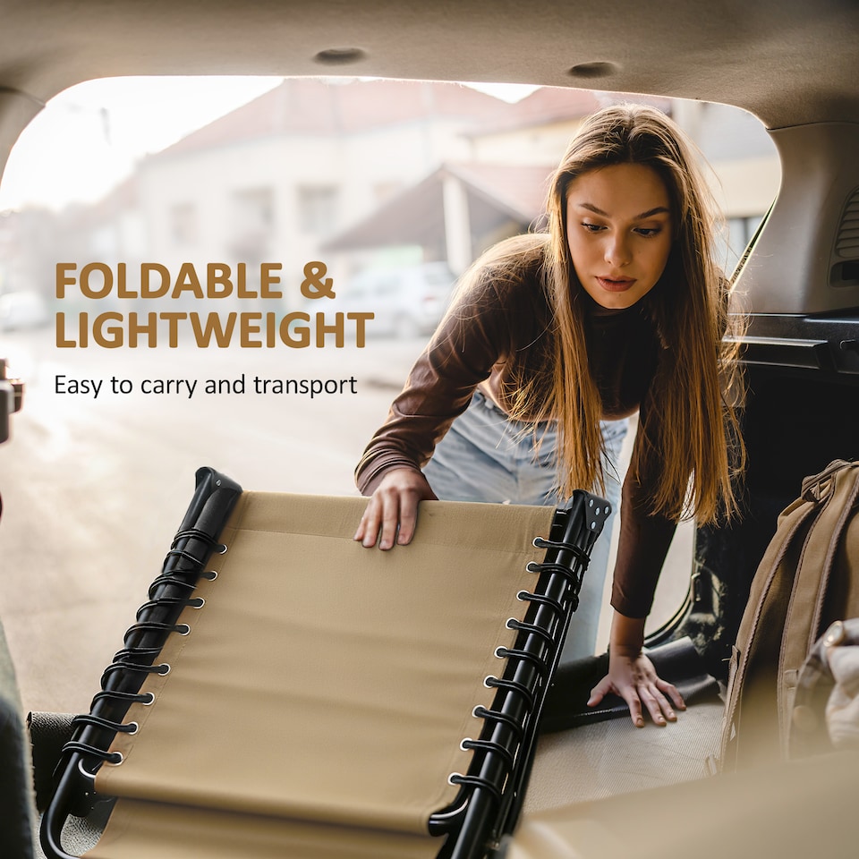 image 1 of Outsunny Portable Sun Lounger, Folding Camping Bed Cot, Reclining Lounge Chair 5-position Adjustable Backrest with Side Pocket, Pillow for Patio Garden Beach Pool | White