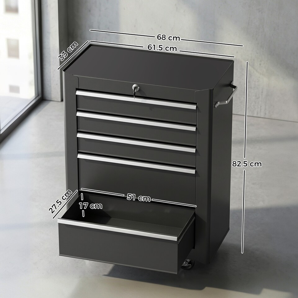 image 1 of HOMCOM 5-Drawer Lockable Steel Tool Storage Cabinet Wheels Handle 2 Keys Black