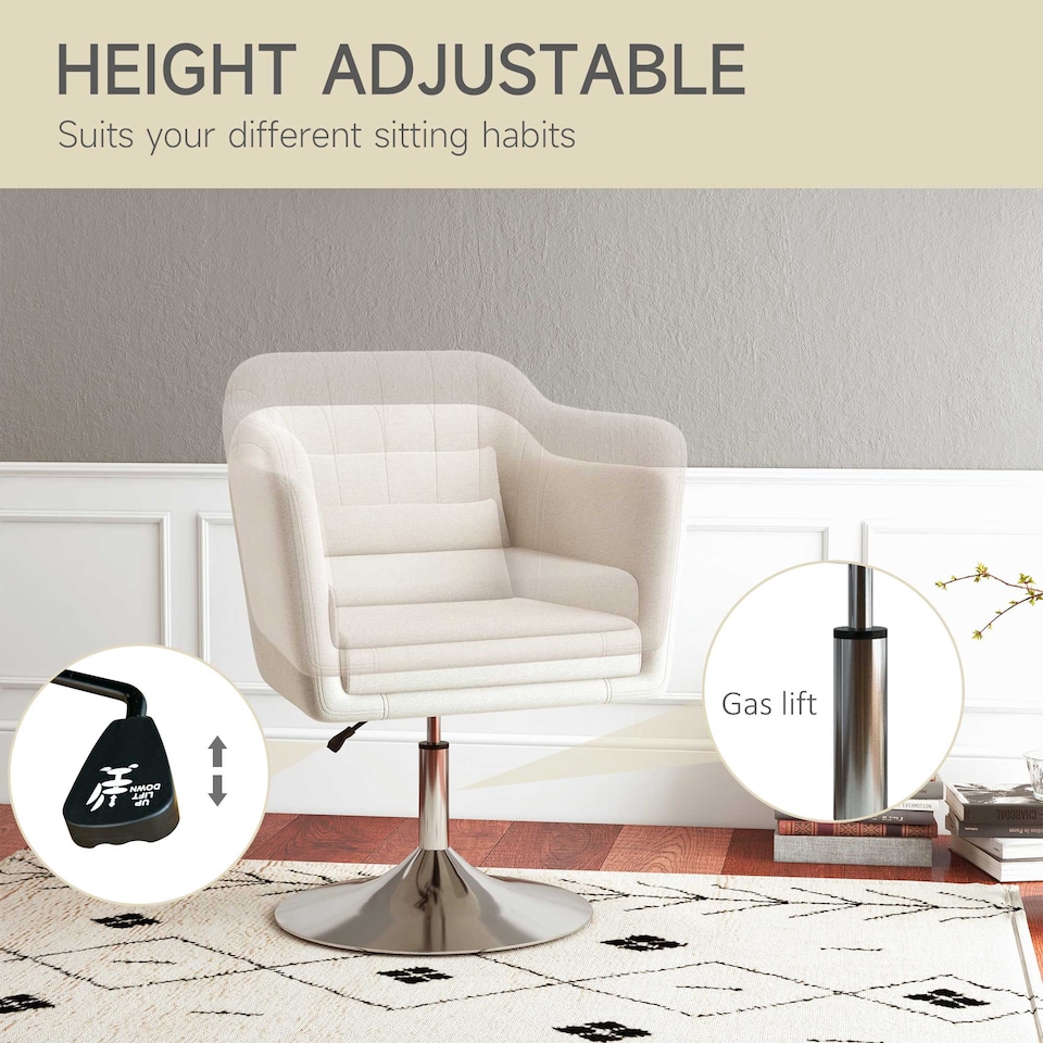 image 1 of HOMCOM Swivel Linen Fabric Accent Chair for Living Room Contemporary Vanity Armchair with Adjustable Height Thick Cushion Lumbar Support Armrest for Bedroom Office Cream White