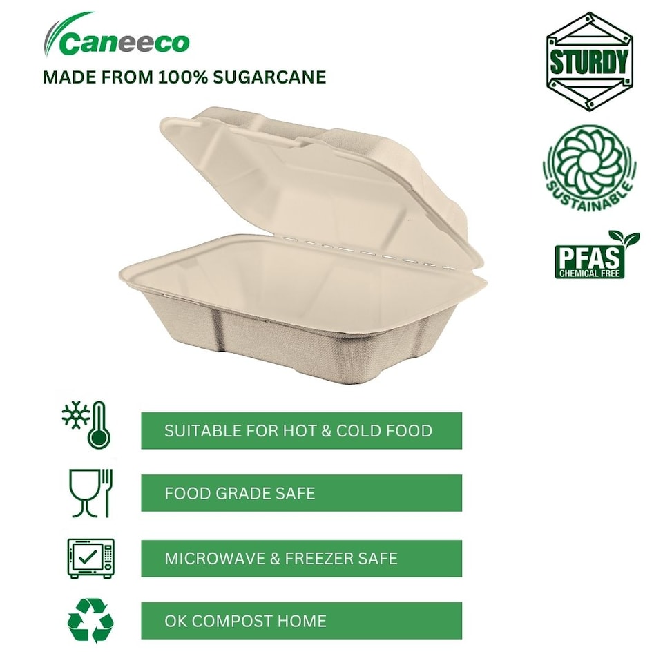 image 1 of Bagasse Sugarcane Takeaway Meal Boxes 9x6 Clamshell Food Containers TUV Home Compostable Certified, Unbleached, PFAS Free & Sturdy for Hot & Cold Food, Restaurants, BBQs Parties