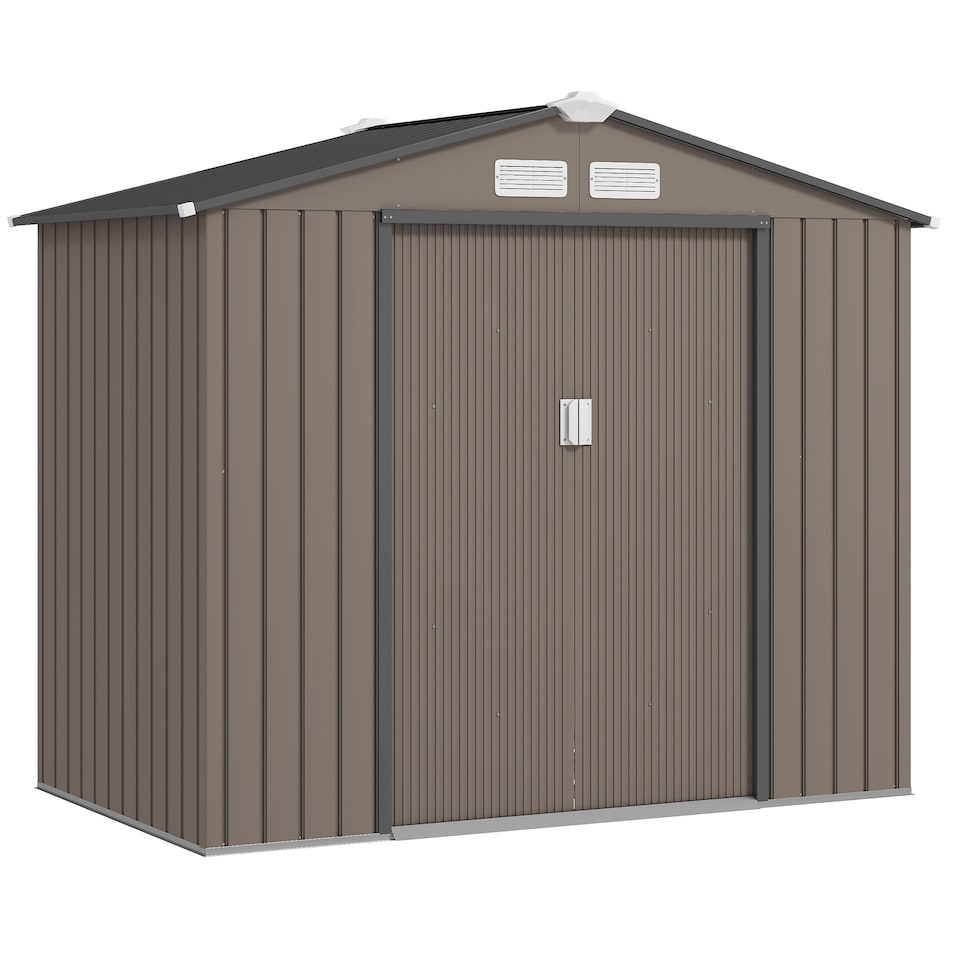 image 1 of Outsunny 7 x 4ft Metal Garden Shed, Outdoor Storage Tool House with Ventilation Slots, Foundation Kit and Lockable Double Doors, Brown