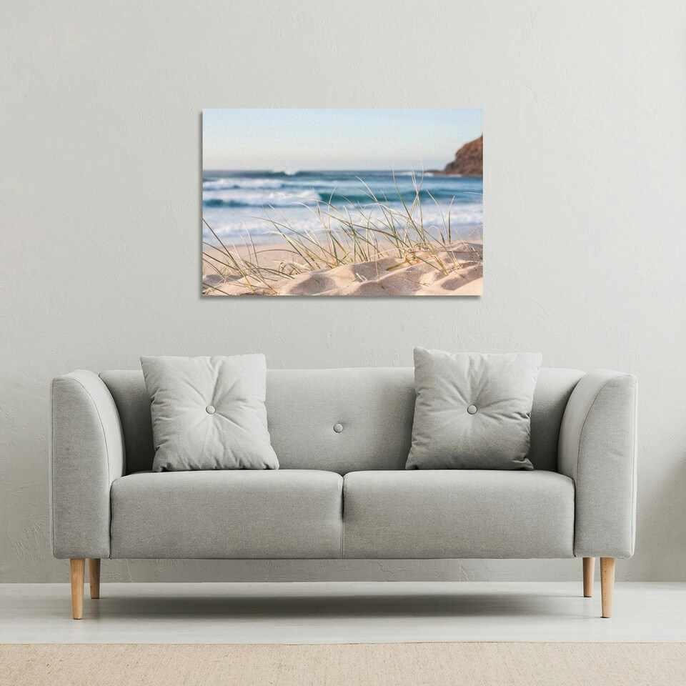 image 1 of dune grass in Australia with turquoise surf waves of the pacific ocean (Canvas Print) | Cream