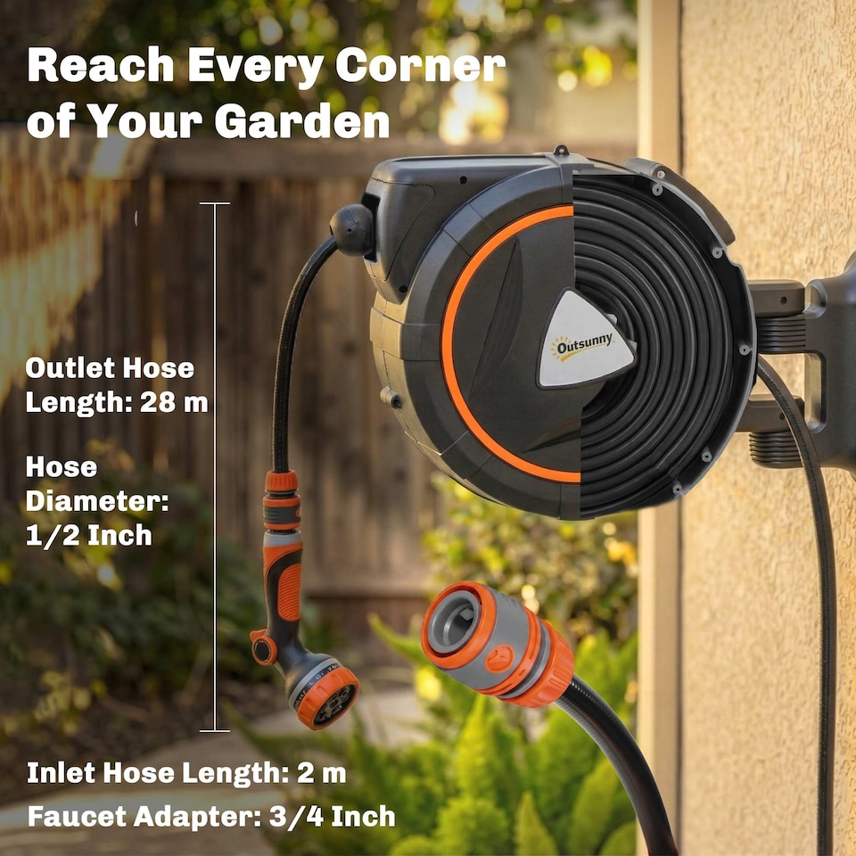 image 1 of Outsunny 28+2m Retractable Hose Reel Wall Mounted with Auto Retraction