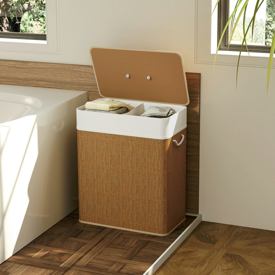 image 1 of HOMCOM 100L Laundry Basket with Lid, Washing Basket for Bathroom, Brown Brown | Cream White