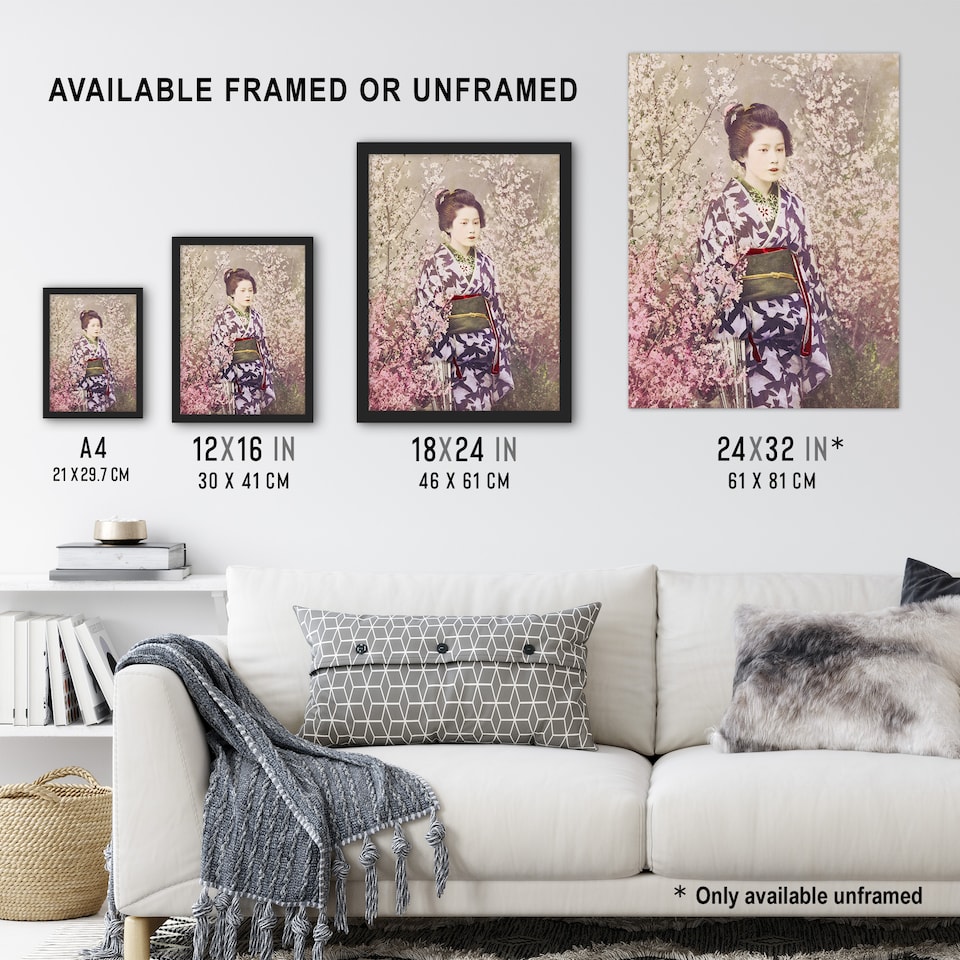 image 1 of Geisha And Cherry Blossom Vintage Japan Framed Wall Art Print Kazumasa 12x16"