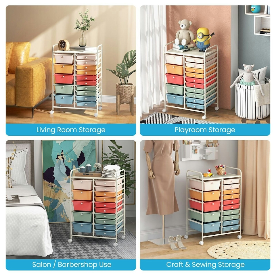 image 1 of COSTWAY 15 Drawers Storage Trolley Rolling Utility Cart Colorful