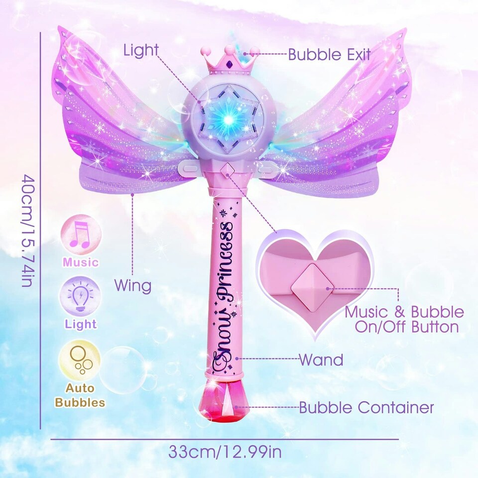 image 1 of Princess Bubble Wand for Kids - Musical Light Up Bubble Machine with Detachable Wings - Indoor Outdoor Birthday Gift