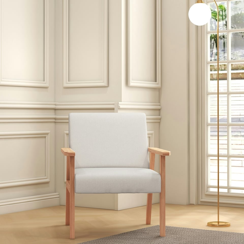 image 1 of HOMCOM Accent Chair with Wood Frame Wide Seat Linen Armchair Cream White