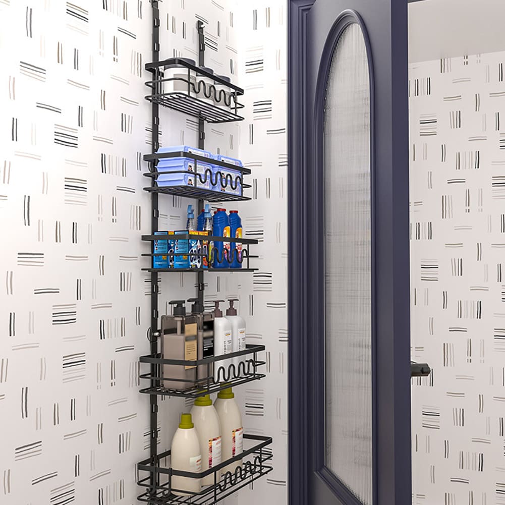 London Boutique 5-Tier Over the Door Organizer for Bathroom & Kitchen Black Adjustable Multi-Tier Storage Shelf (W)32cm (D)15cm