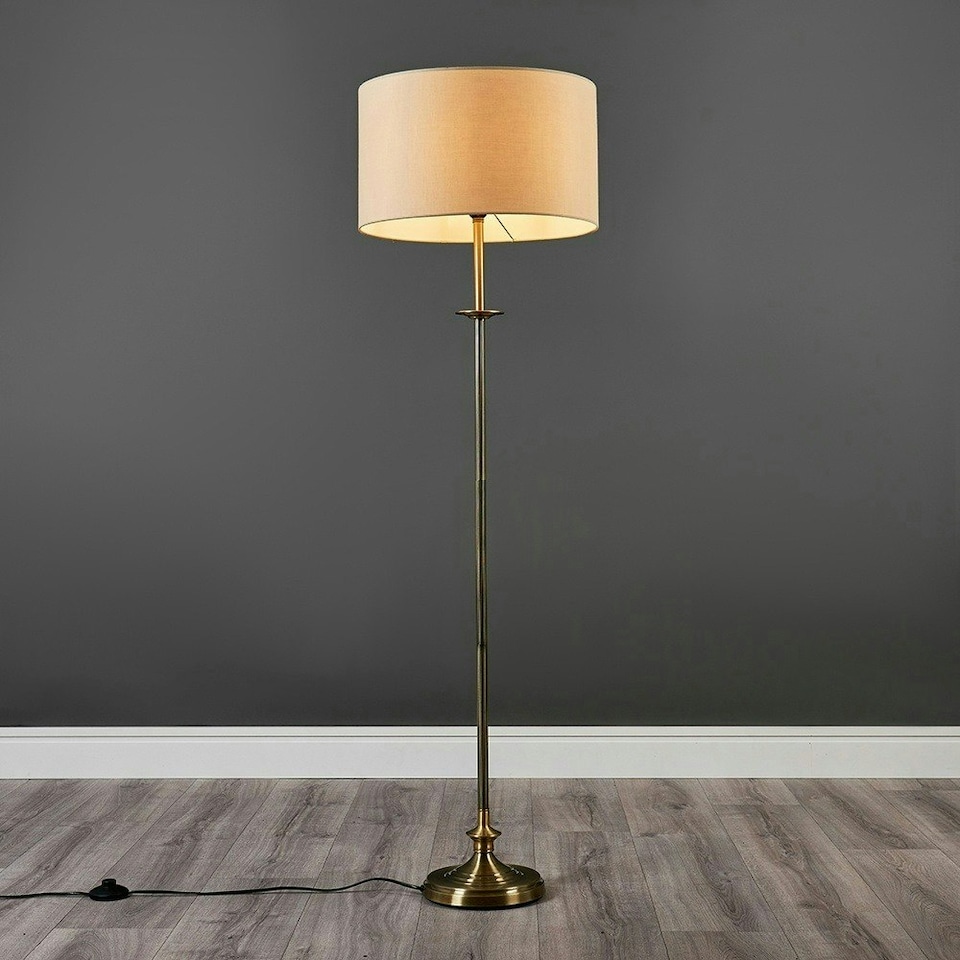 image 1 of ValueLights Traditional Style Antique Brass Sconce Floor Lamp With Beige Drum Shade