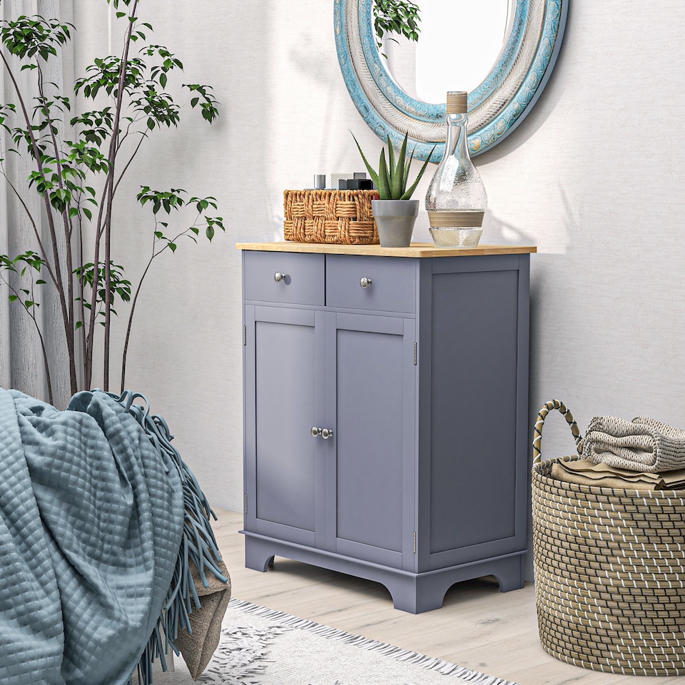 image 1 of HOMCOM Rubber Wood Top Kitchen Side Cabinet with Adjustable Shelf, Grey