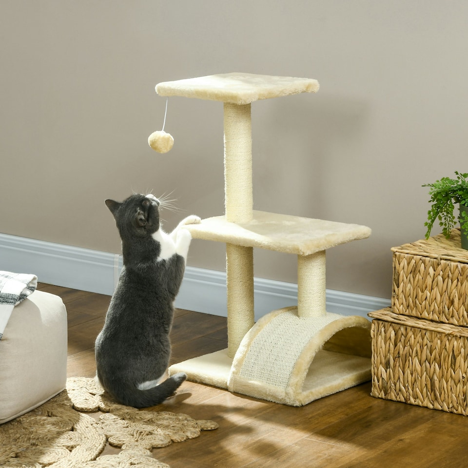 image 1 of PawHut 72cm Cat Tree Tower with Scratching Post Perch, Indoor, Cream white