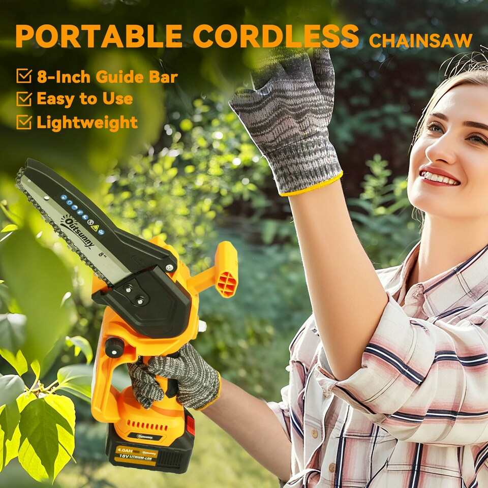 image 1 of Outsunny 8 Inch Electric Chainsaw with Brushless Motor, 2 Batteries, Orange