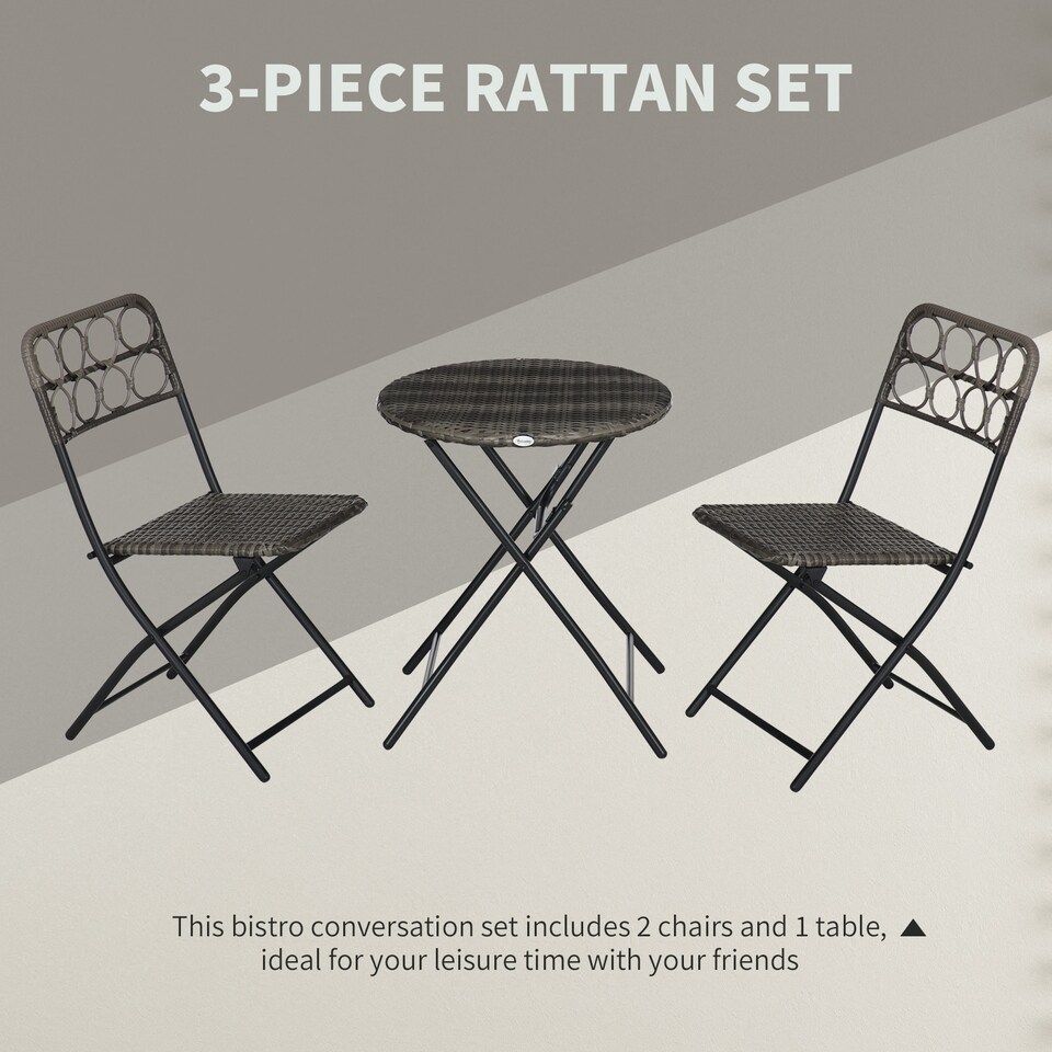 image 1 of Outsunny 3 Pieces Rattan Bistro Set, Wicker Folding Garden Furniture Set with Coffee Table and Chairs for Outdoor, Patio, Balcony, Grey