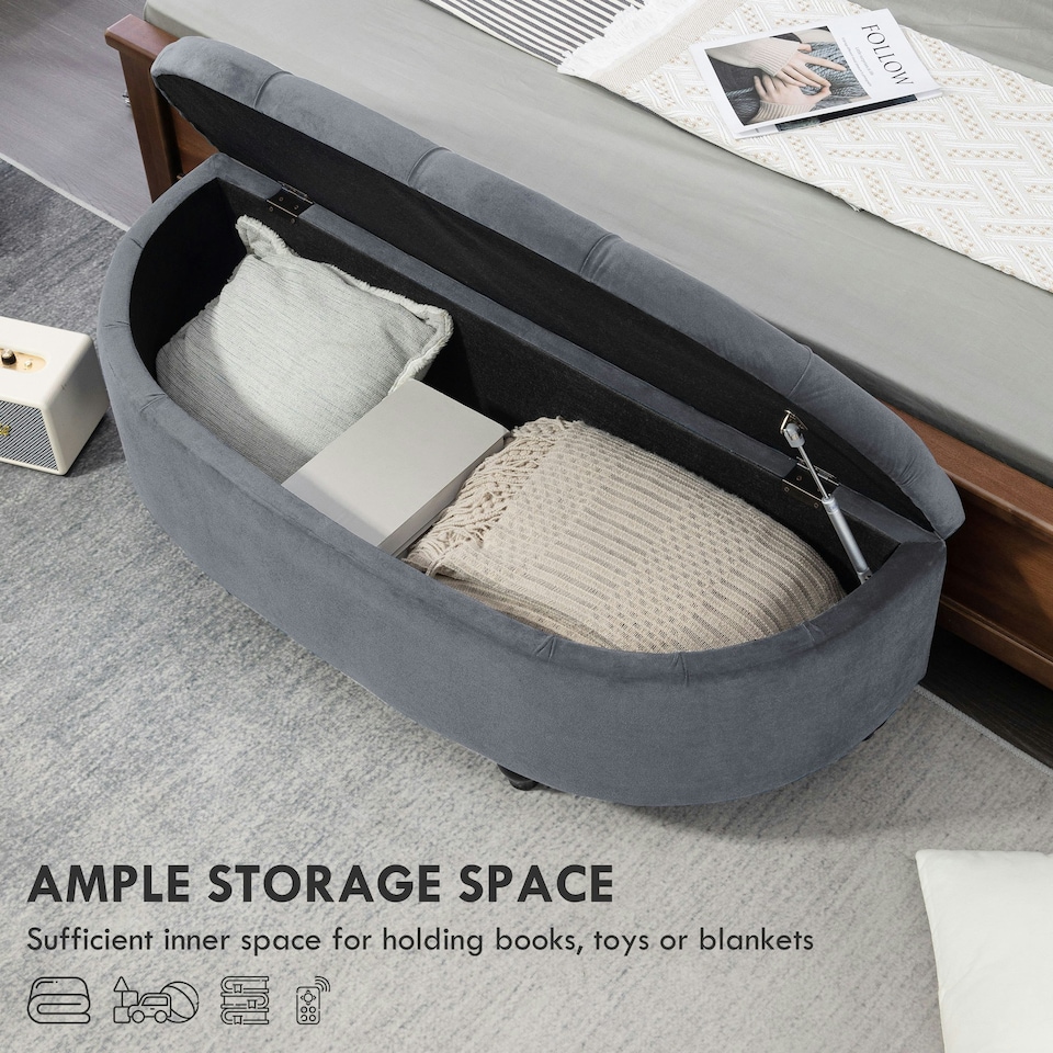 image 1 of HOMCOM Semi-Circle Storage Ottoman Bench Tufted Upholstered Grey