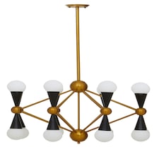 Interiors by Premier Brass And Black Metal Pendant Light, Contemporary 16 Bulb Ceiling Light With White Glass Shades