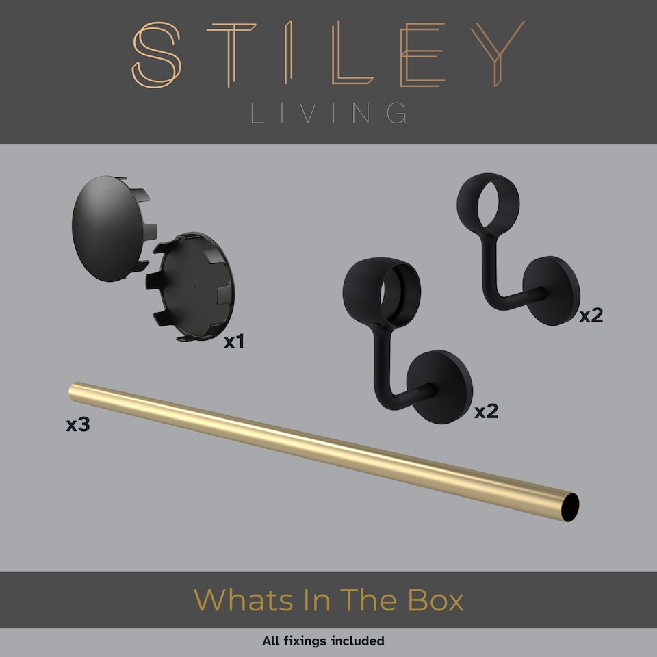 image 1 of Stiley Living 3.6m Brass & Matt Black Wall-Mounted Stair Handrail Kit, Brackets & Fixings