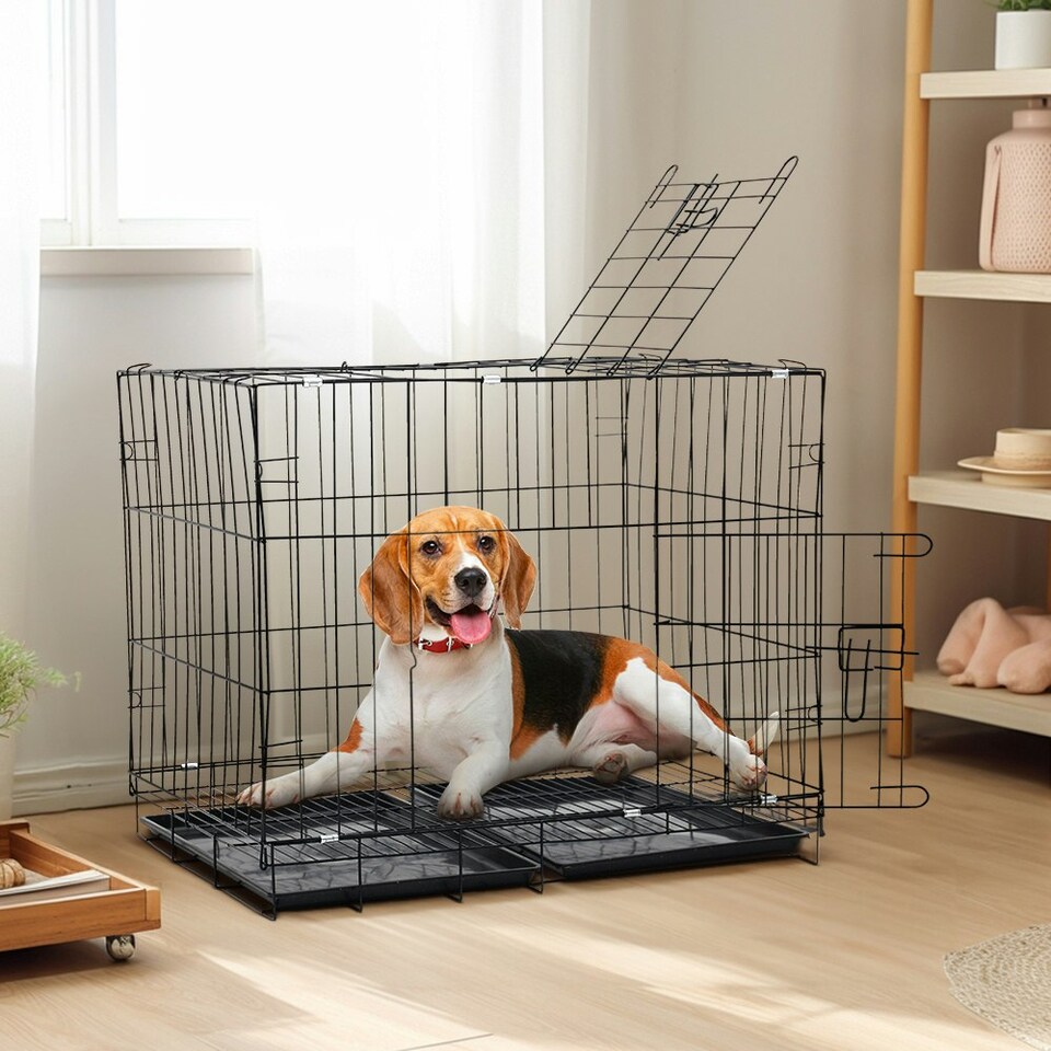 image 1 of Living and Home Wire Dog Crate with 2 Doors and Tray, 70x50x60cm