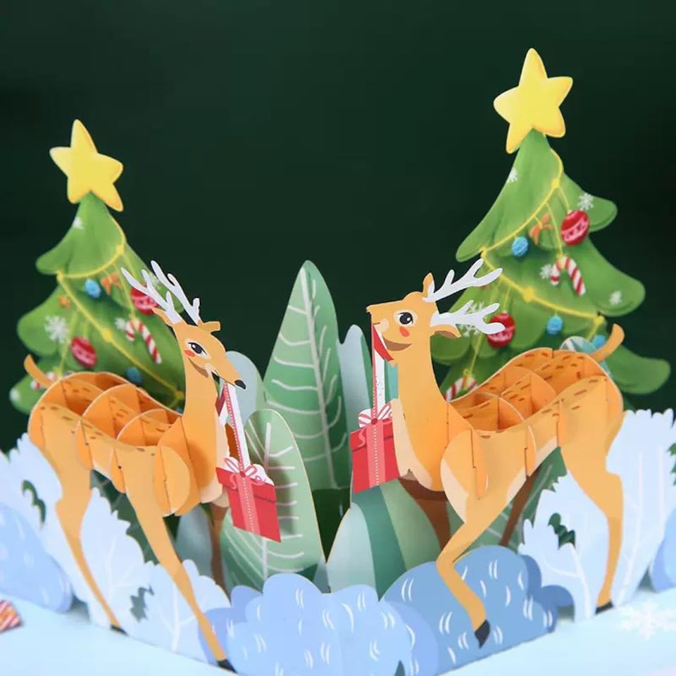 image 1 of Two-Sided Reindeer Festive Scene 3D Pop Up Christmas Card