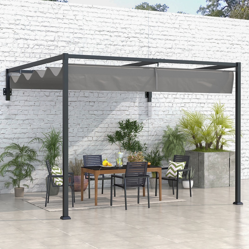 image 1 of Outsunny 3 x 4m Wall Mounted Pergola with Retractable Roof, Dark Grey