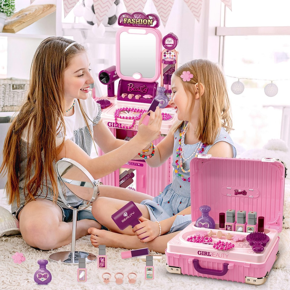 image 1 of Kids Beauty Vanity Set with Suitcase Dressing Table