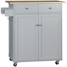 HOMCOM Rolling Kitchen Island, Utility Serving Cart with Rubber Wood Top Grey