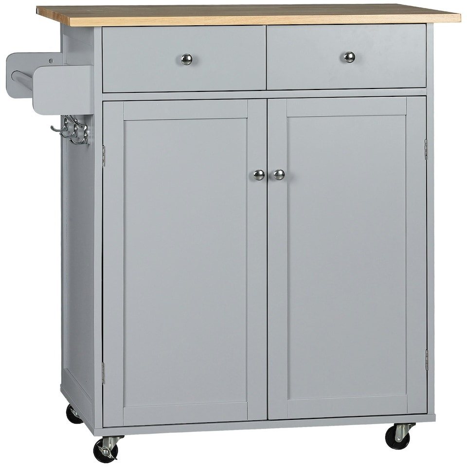 image 1 of HOMCOM Rolling Kitchen Island, Utility Serving Cart with Rubber Wood Top Grey