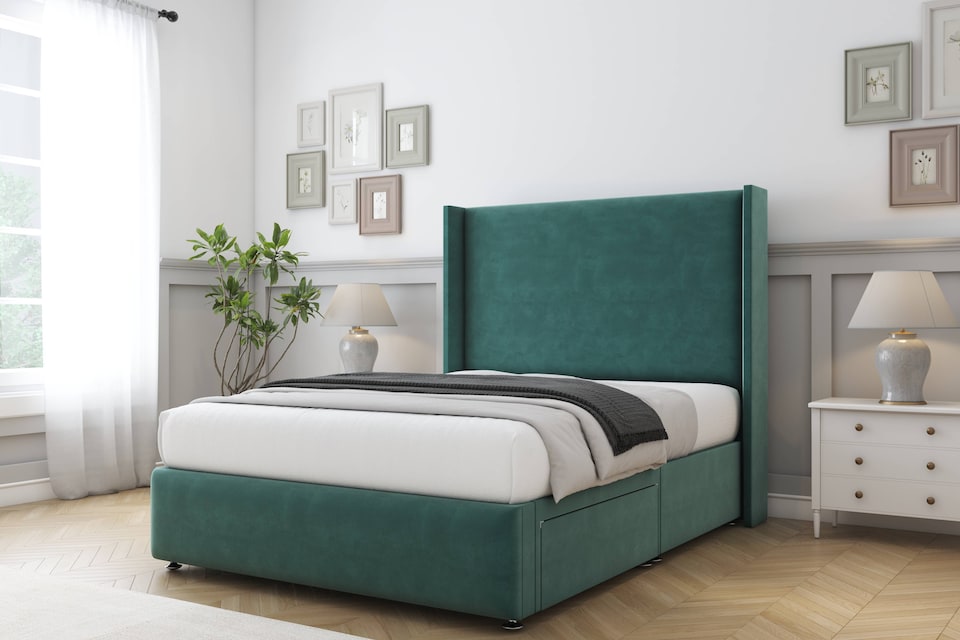 image 1 of Sloomy Stratford Emerald Plush Divan Bed With Mattress 2 Drawers Footend With 54" Wingback Headboard & 12" Matching Footboard 4'6 Double | Green | Emerald | Double | 1