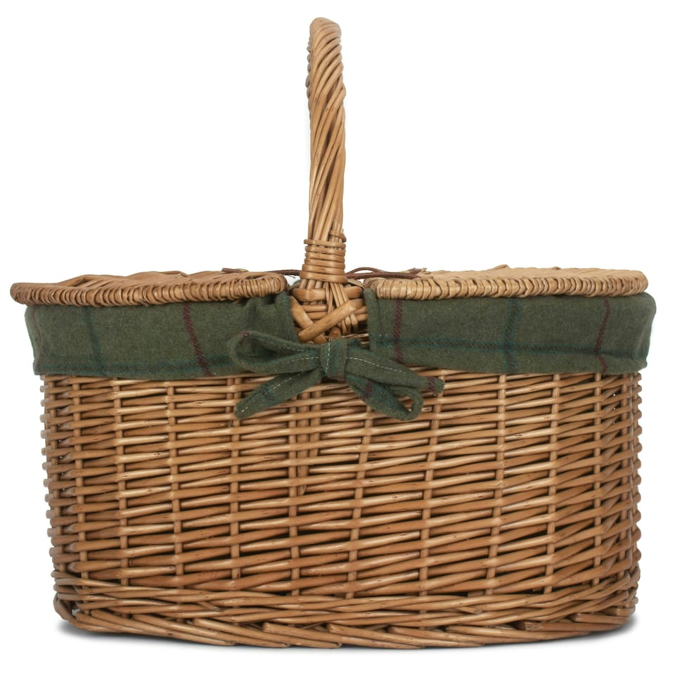 image 1 of Light Steamed Oval Lidded Wicker Basket with Lining Green | Green Tweed | One Size