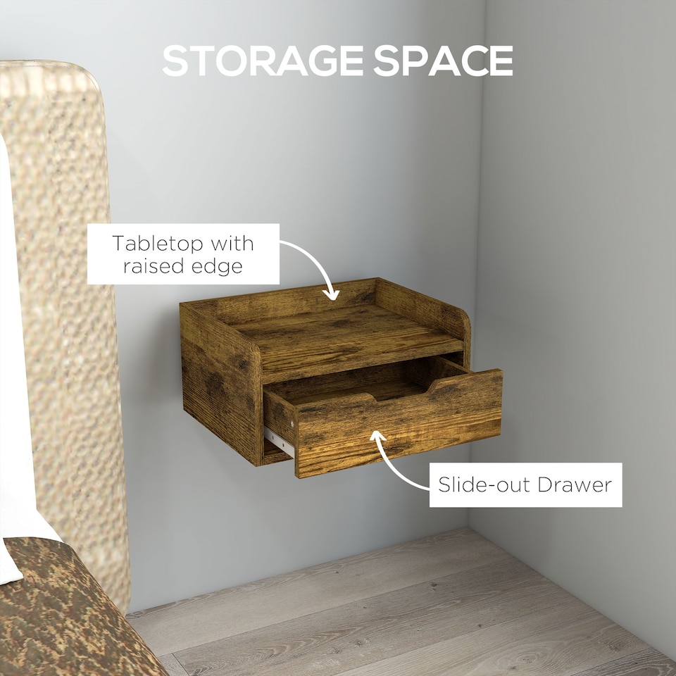 image 1 of HOMCOM Floating Nightstands Set of 2, Wall Mounted Bedside Table with Storage Drawer for Bedroom, Rustic Brown