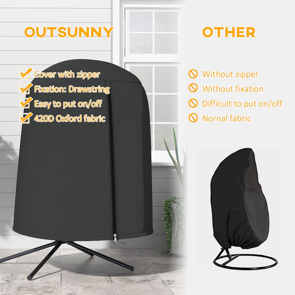 image 1 of Outsunny Hanging Egg Chair Cover, Outdoor Single Swing Chair Cover, Waterproof Anti-dust Furniture Protector with Zipper, 420D Oxford Fabric for 128 x 190H cm Stand, Black | Black | Black
