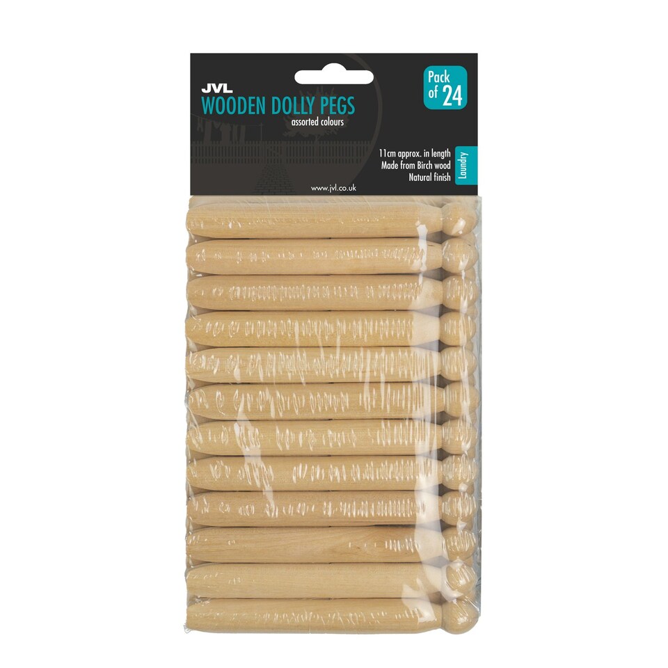 image 1 of JVL Plastic Peg Basket with 72 Wooden Dolly Pegs, Brown