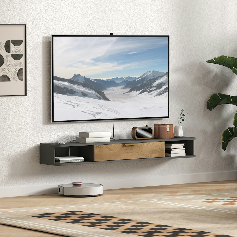 image 1 of HOMCOM 140 cm Floating TV Unit with Storage Entertainment Media Console Grey 