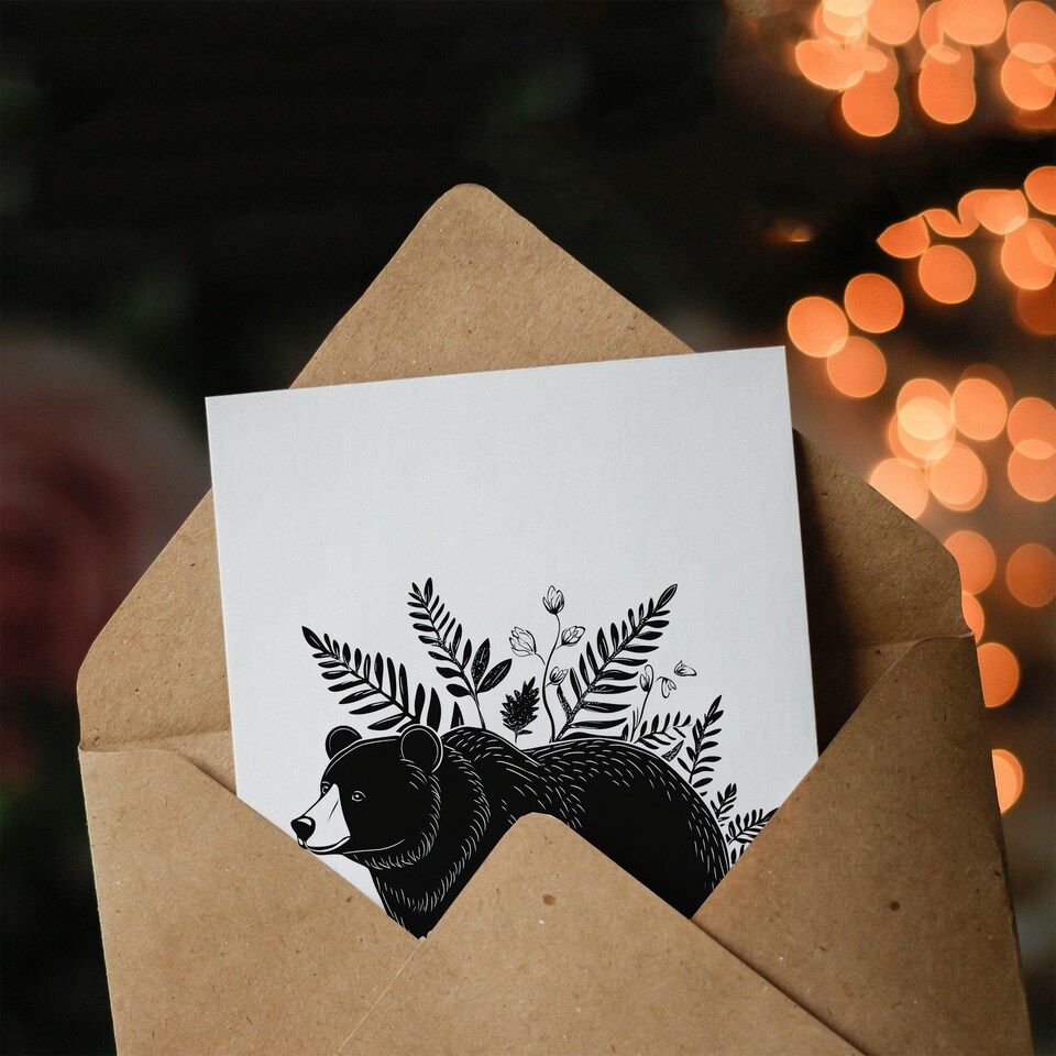 image 1 of Grizzly Bear and Wildflowers Black White Folk Art Birthday Greeting Card
