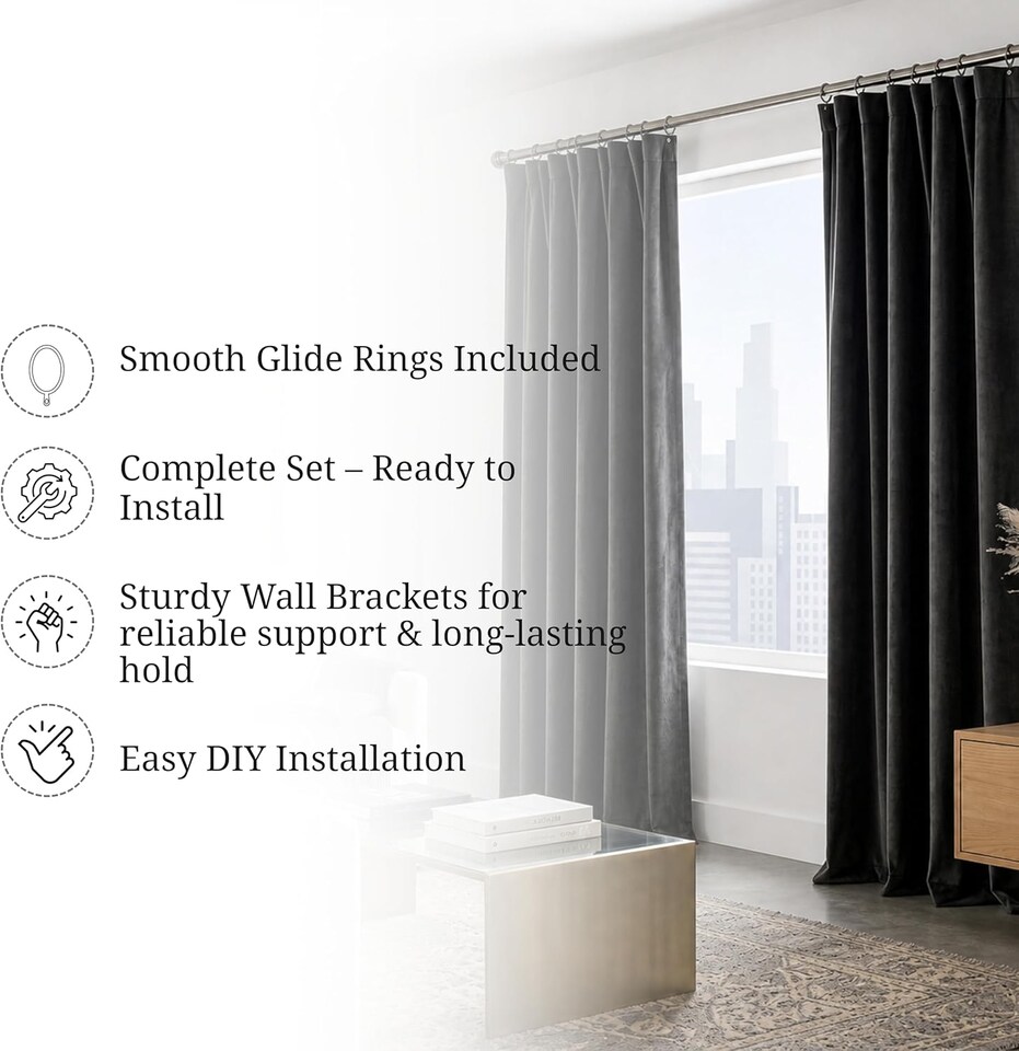 image 1 of Lister Cartwright 25mm Black Nickle Industrial Pipe Extendable Curtain Pole Heavy Duty Metal Curtain Rod with Rings(120-210 cm)