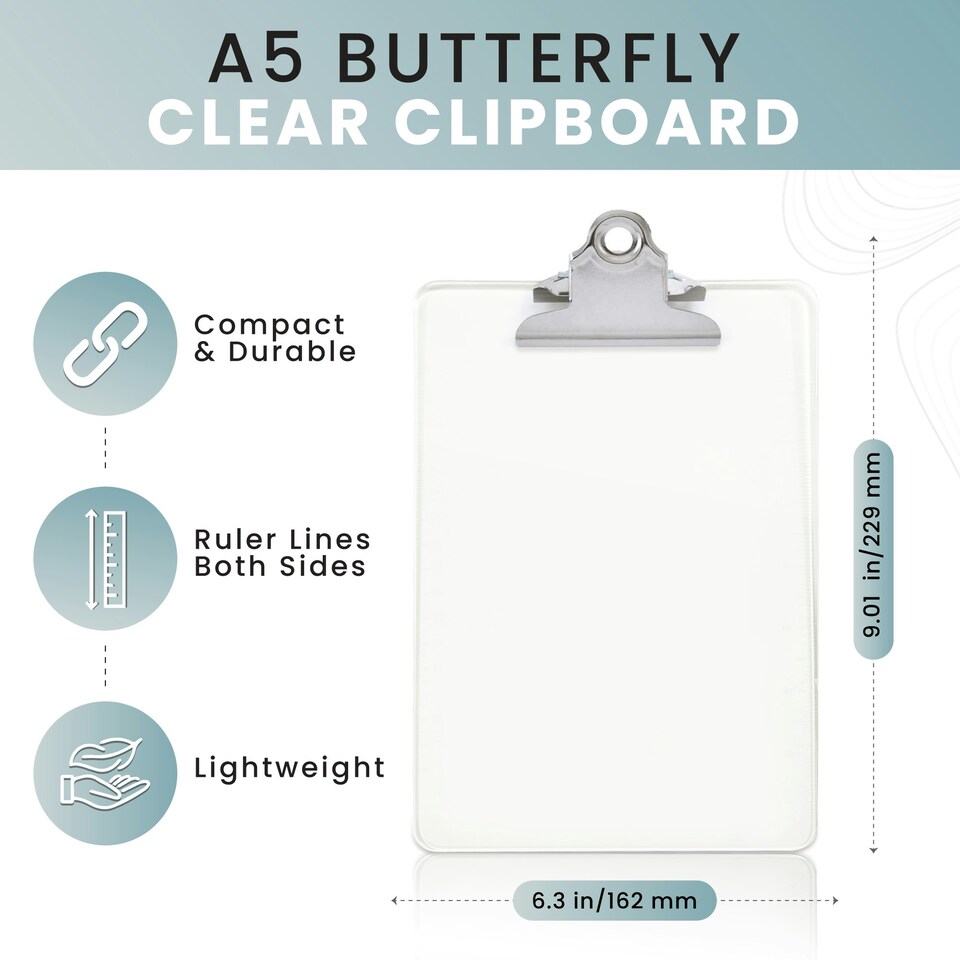 image 1 of Clear A5 Clipboard with Butterfly Clip with Ruled Side