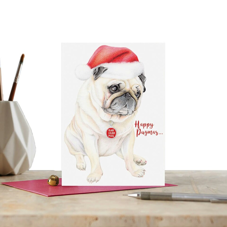 image 1 of Deckled Edge Happy Pugmas Christmas Card - Brown/Grey/Red - One Size