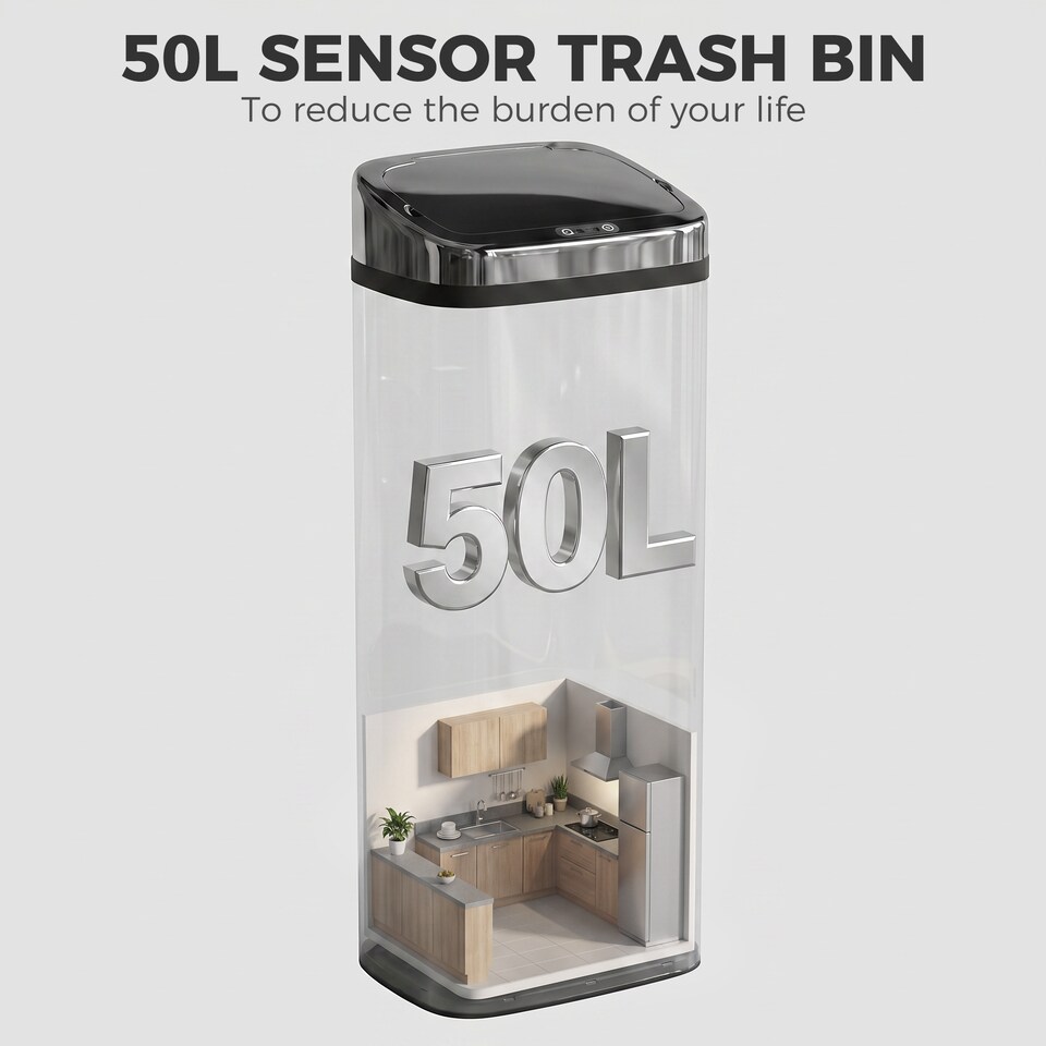 image 1 of HOMCOM 50L Infrared Automatic Motion Sensor Dustbin Stainless Steel Trash Can