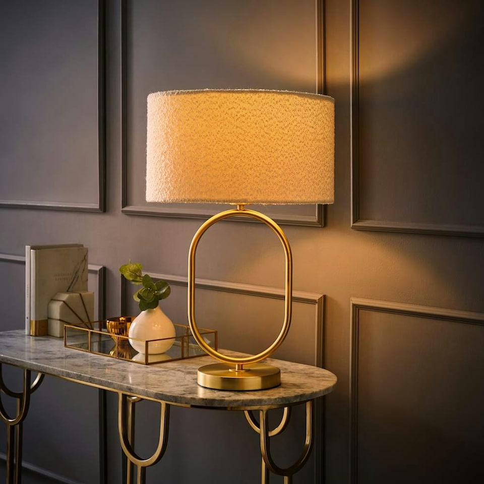 image 1 of ValueLights Antonia Cream Boucle Drum Shade Brushed Gold Oval Table Lamp with LED Bulb | Gold