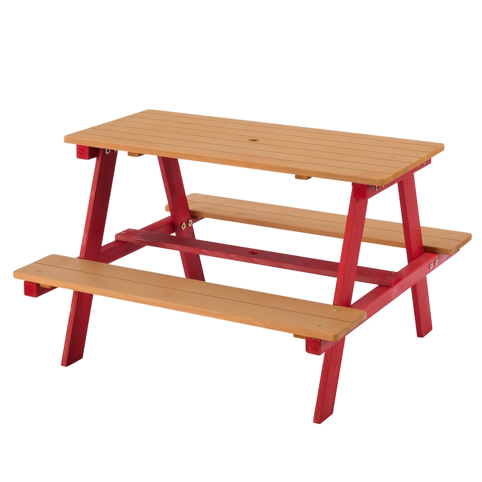 image 1 of Teamson Kids Children's Wooden Picnic Table with Umbrella for Outdoor Garden Play, Red