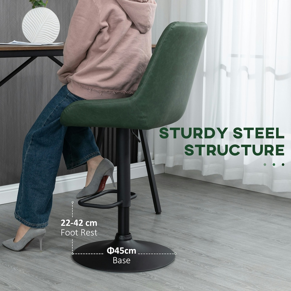 image 1 of HOMCOM Bar Stools Set of 2, Adjustable Bar Chairs 360 Degree Swivel, Green