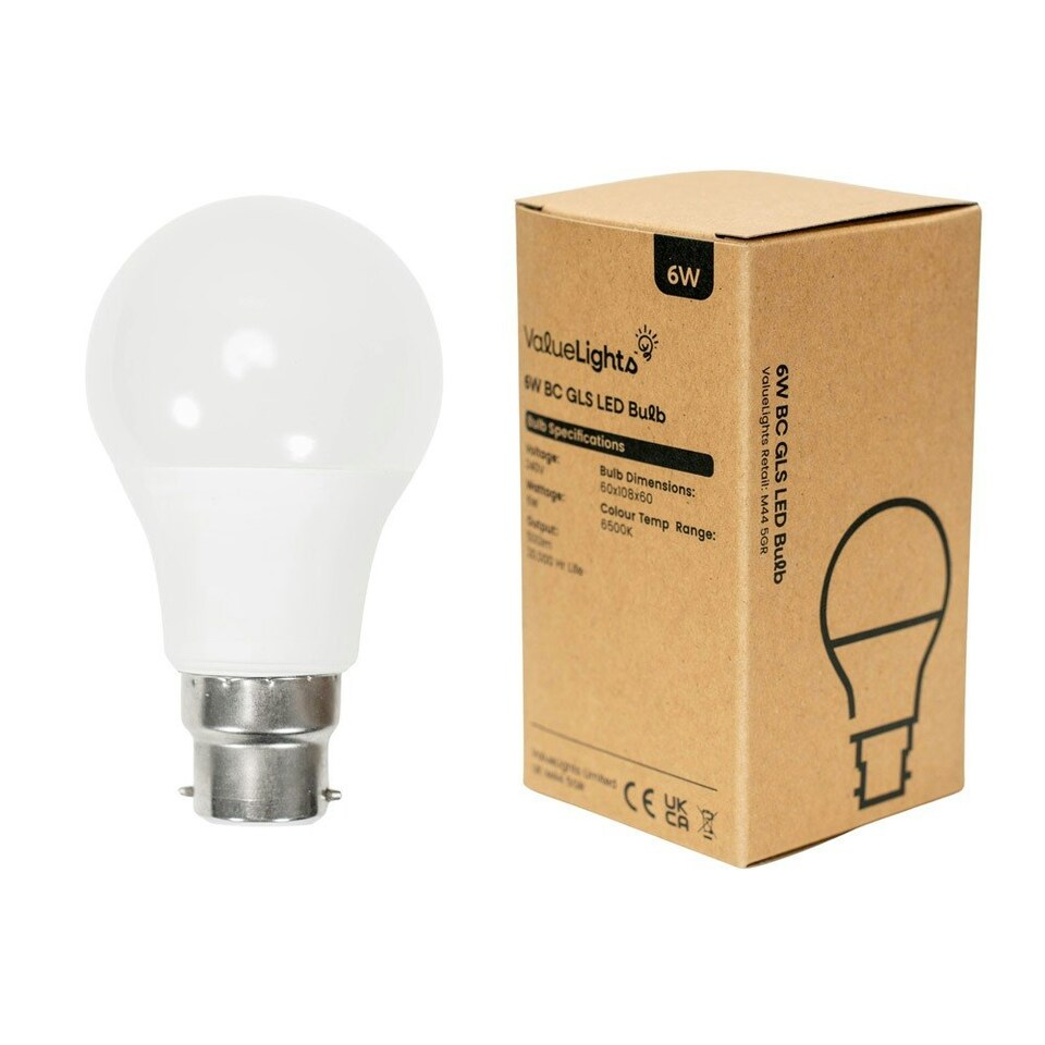 image 1 of ValueLights 10 Pack B22 White Plastic GLS LED 6W Cool White 6500K 500lm Light Bulb