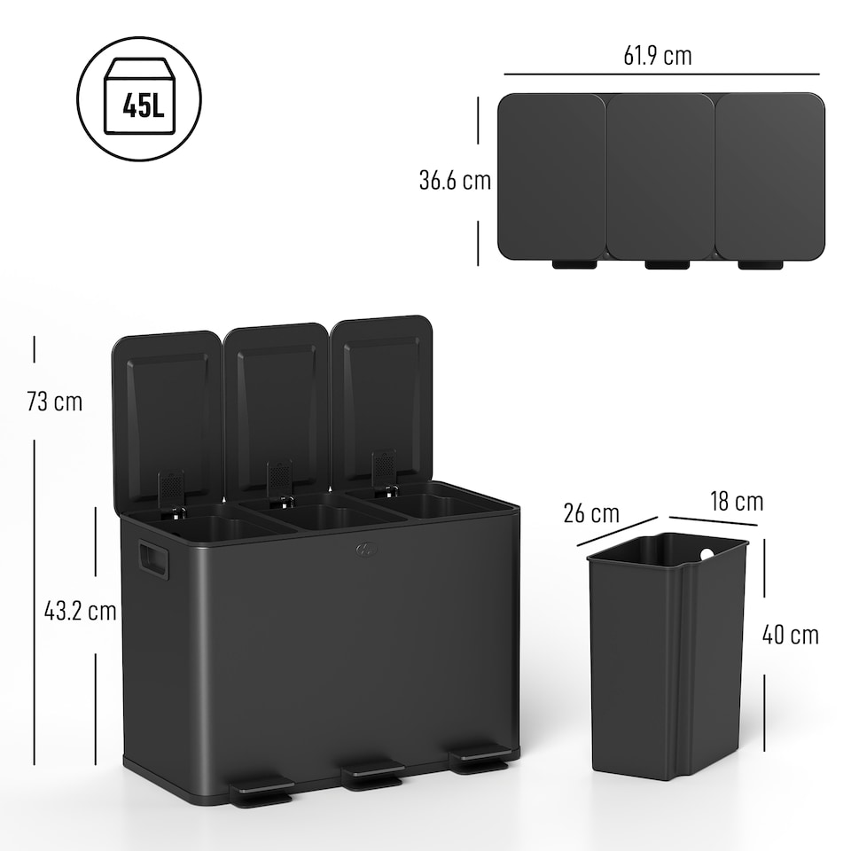 image 1 of HOMCOM Triple Kitchen Bin, 3 x 15L Pedal Bin, Stainless Steel Three Rubbish Bin with Removable Inner Buckets, Soft Close Lid, Fingerprint-Proof for Recycling and Waste, Black | Black | 1