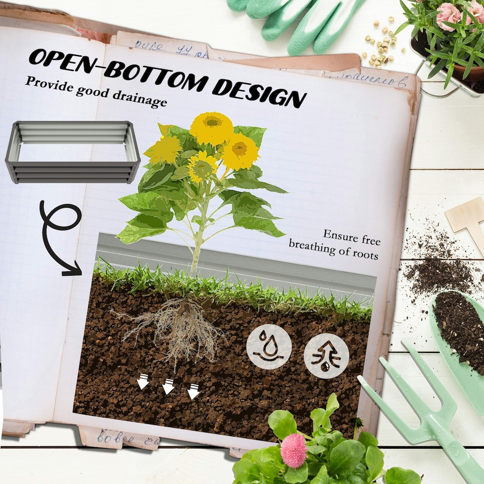 image 1 of Outsunny Set of 2 Raised Garden Bed Galvanised Planter Box, Grey